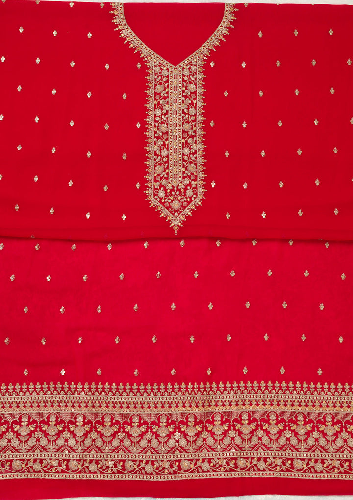 Red Georgette Threadwork Unstitched Dress Material With Matching Bottom And Dupatta