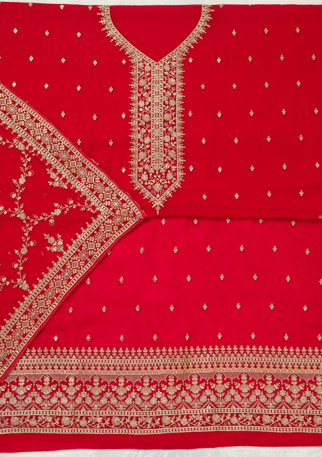Red Georgette Threadwork Unstitched Dress Material With Matching Bottom And Dupatta