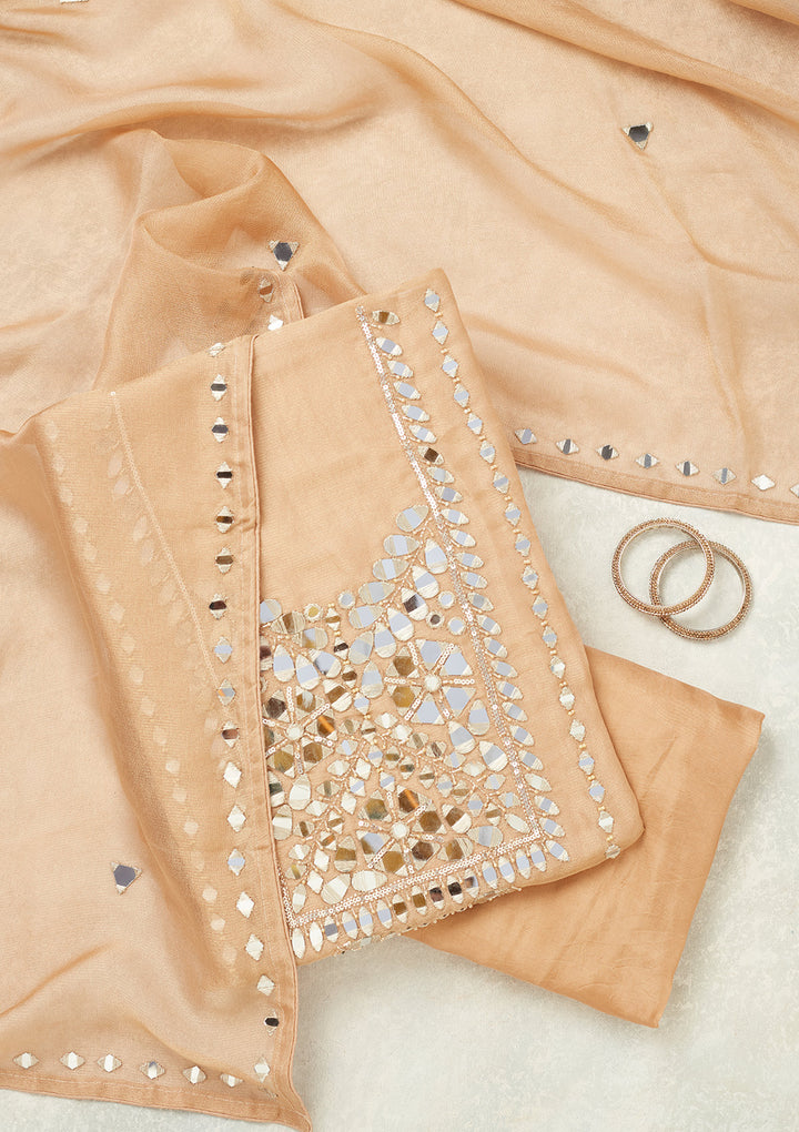 Light Brown Tissue Mirrorwork Unstitched Dress Material With Matching Bottom And Dupatta