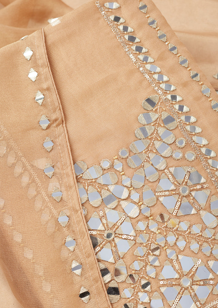Light Brown Tissue Mirrorwork Unstitched Dress Material With Matching Bottom And Dupatta