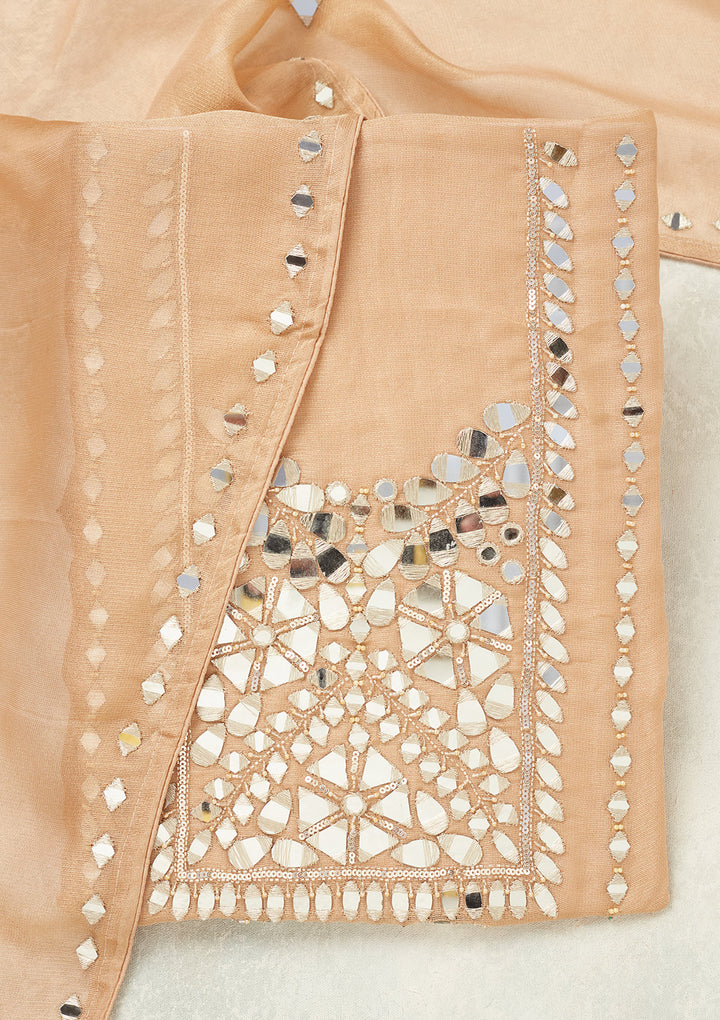 Light Brown Tissue Mirrorwork Unstitched Dress Material With Matching Bottom And Dupatta