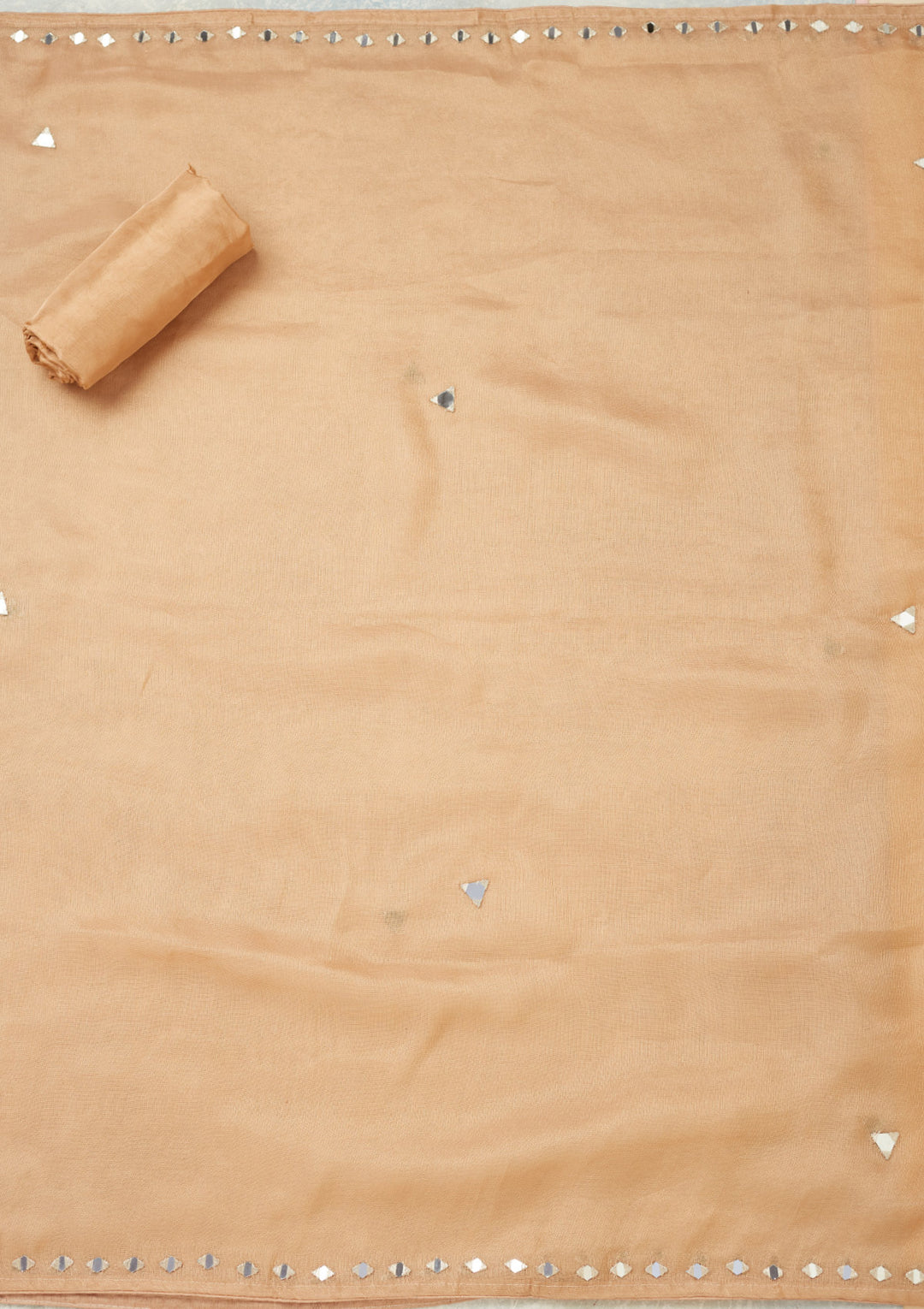 Light Brown Tissue Mirrorwork Unstitched Dress Material With Matching Bottom And Dupatta