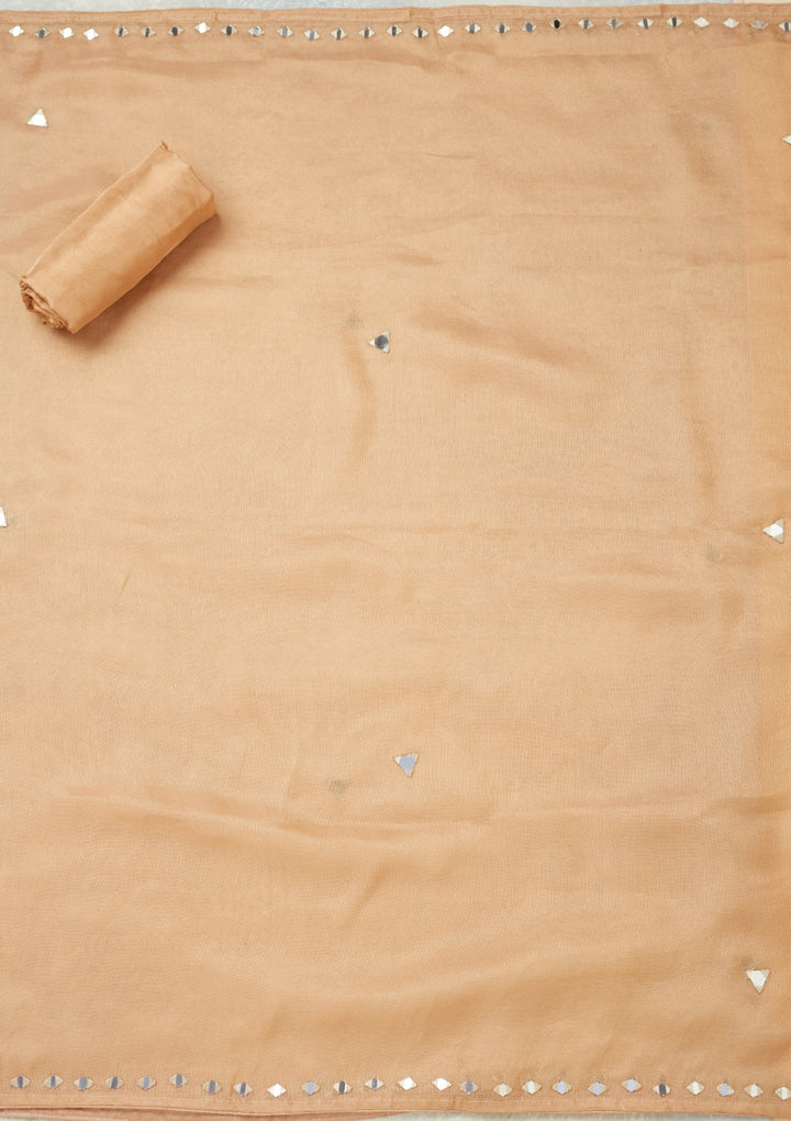 Light Brown Tissue Mirrorwork Unstitched Dress Material With Matching Bottom And Dupatta