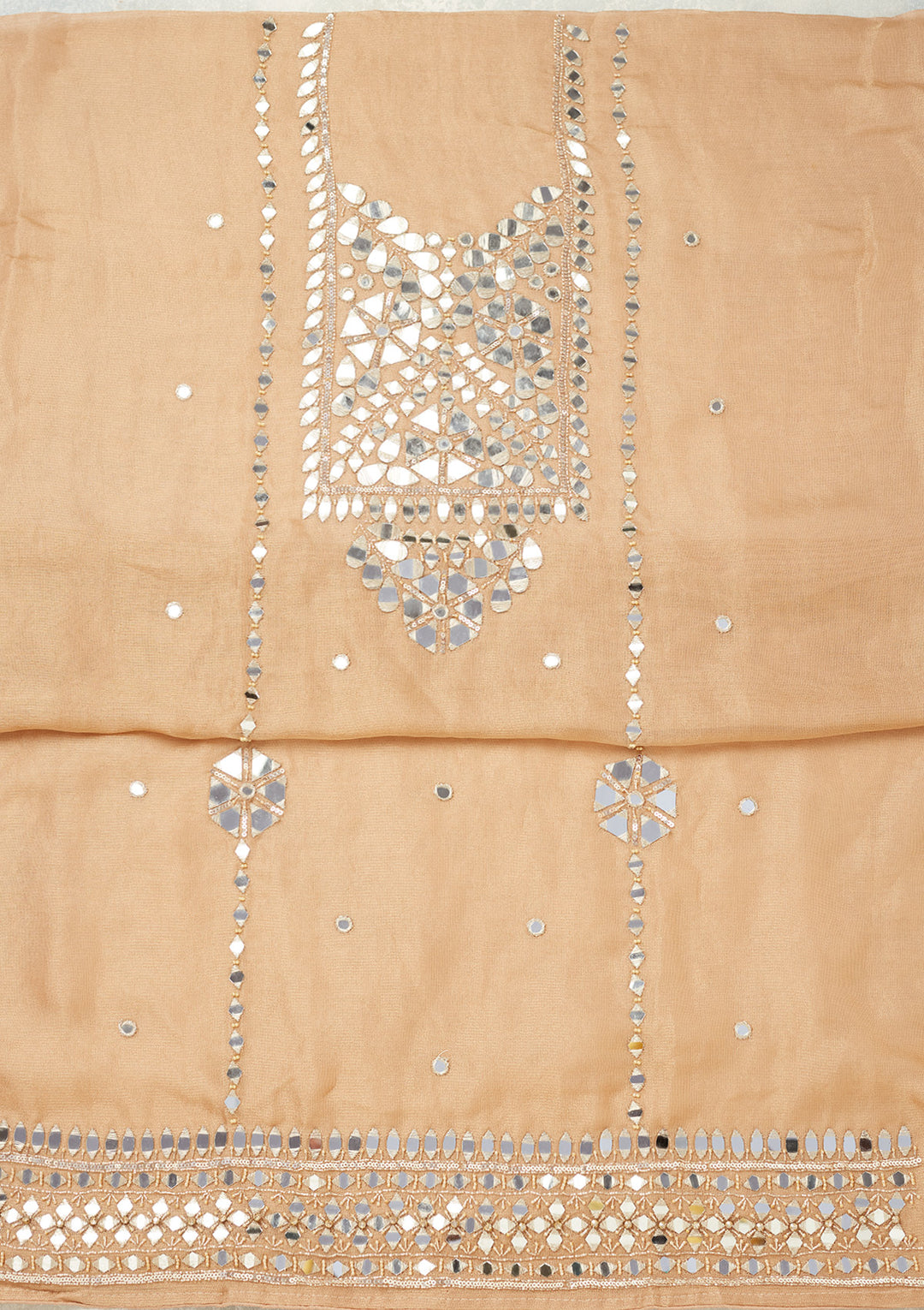 Light Brown Tissue Mirrorwork Unstitched Dress Material With Matching Bottom And Dupatta