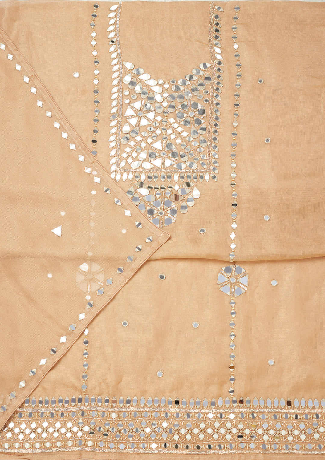 Light Brown Tissue Mirrorwork Unstitched Dress Material With Matching Bottom And Dupatta