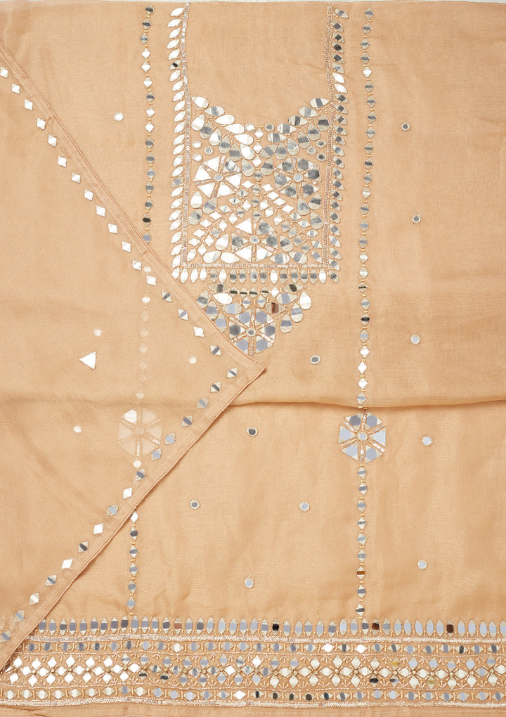 Light Brown Tissue Mirrorwork Unstitched Dress Material With Matching Bottom And Dupatta