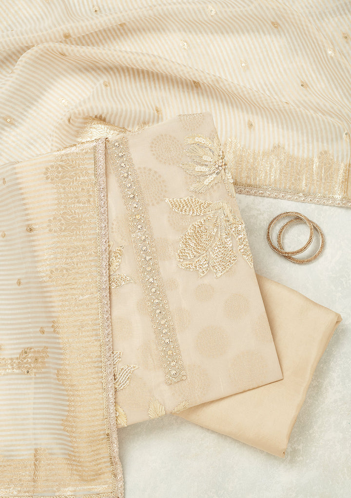Beige Tissue Gold Zariwork Unstitched Dress Material With Matching Bottom And Dupatta