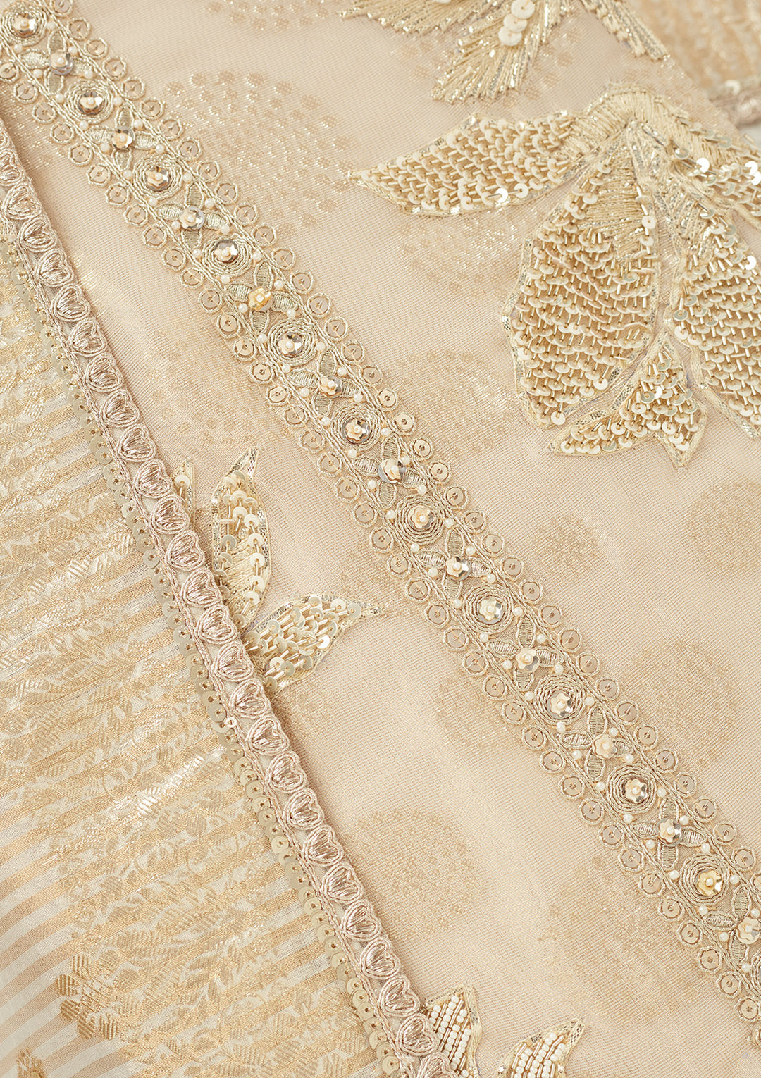 Beige Tissue Gold Zariwork Unstitched Dress Material With Matching Bottom And Dupatta