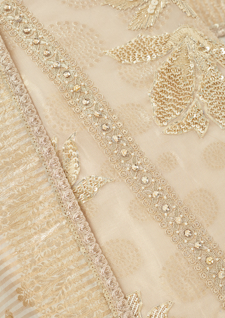 Beige Tissue Gold Zariwork Unstitched Dress Material With Matching Bottom And Dupatta