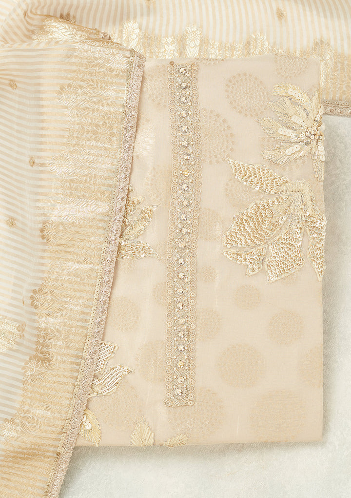 Beige Tissue Gold Zariwork Unstitched Dress Material With Matching Bottom And Dupatta