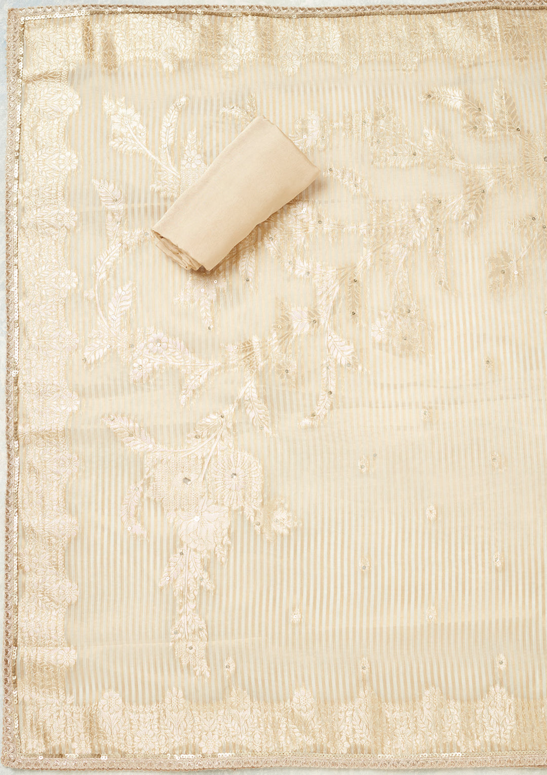 Beige Tissue Gold Zariwork Unstitched Dress Material With Matching Bottom And Dupatta