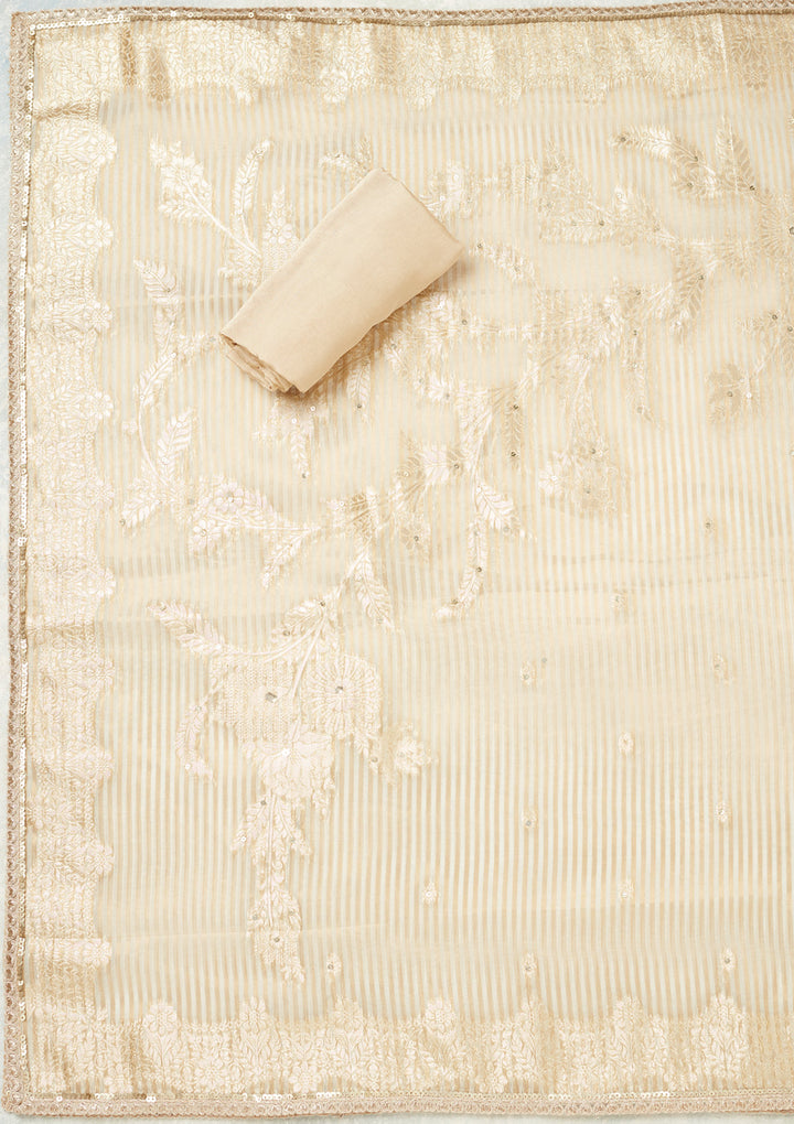 Beige Tissue Gold Zariwork Unstitched Dress Material With Matching Bottom And Dupatta