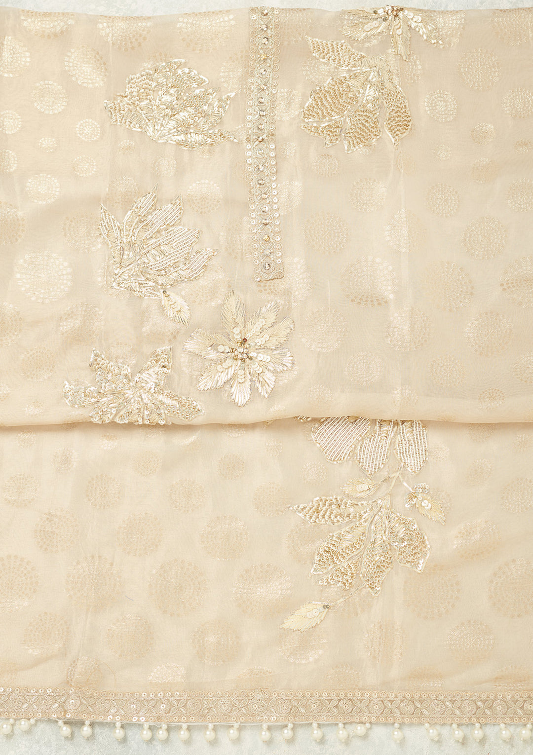 Beige Tissue Gold Zariwork Unstitched Dress Material With Matching Bottom And Dupatta