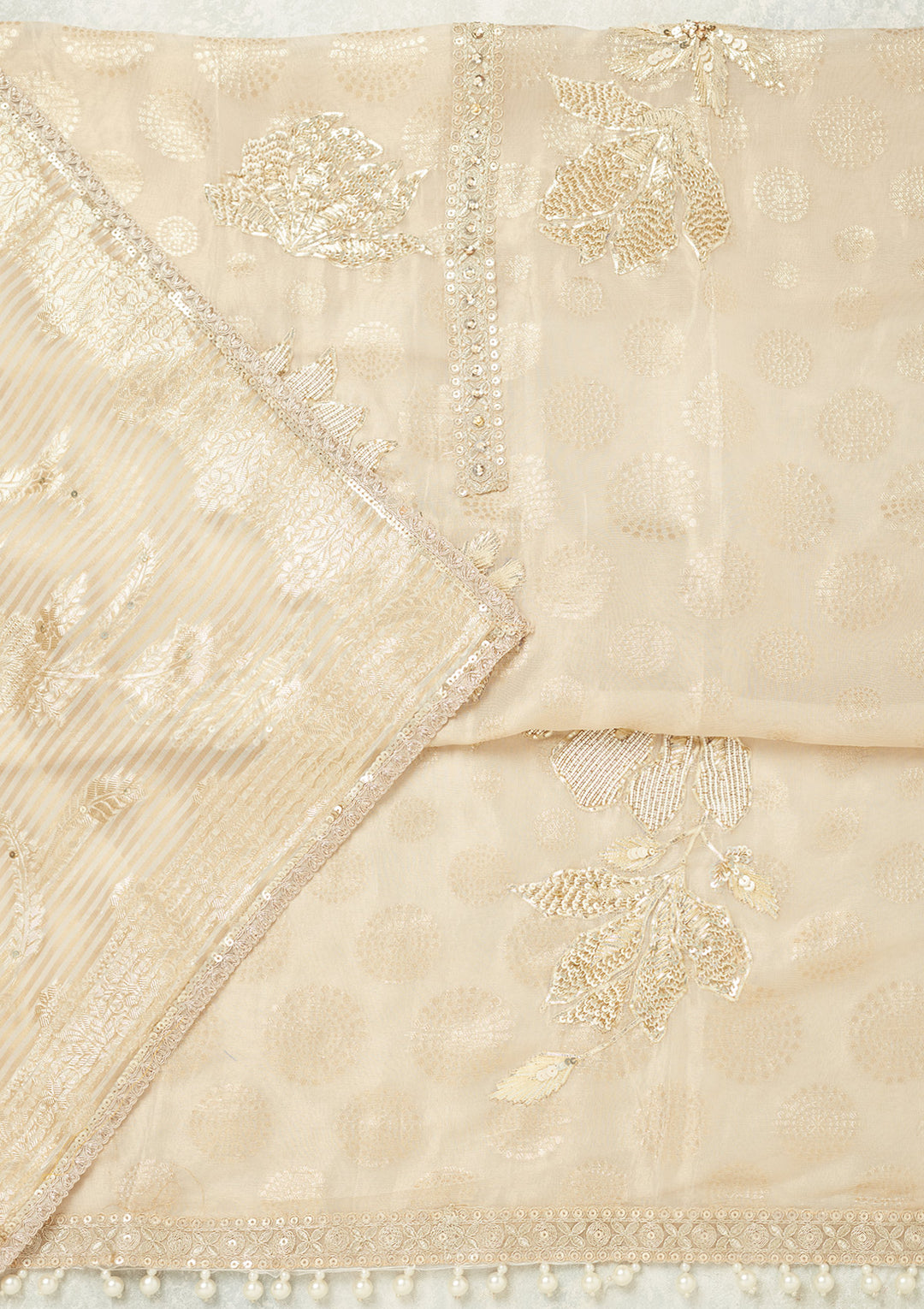 Beige Tissue Gold Zariwork Unstitched Dress Material With Matching Bottom And Dupatta