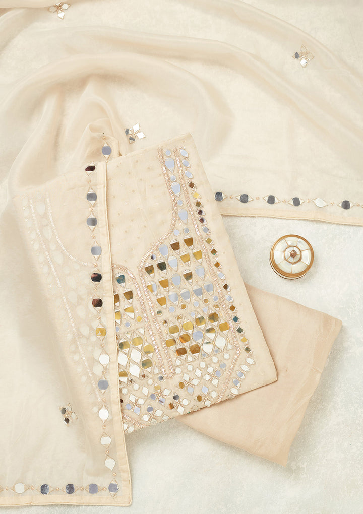 Beige Tissue Mirrorwork Unstitched Dress Material With Matching Bottom And Dupatta