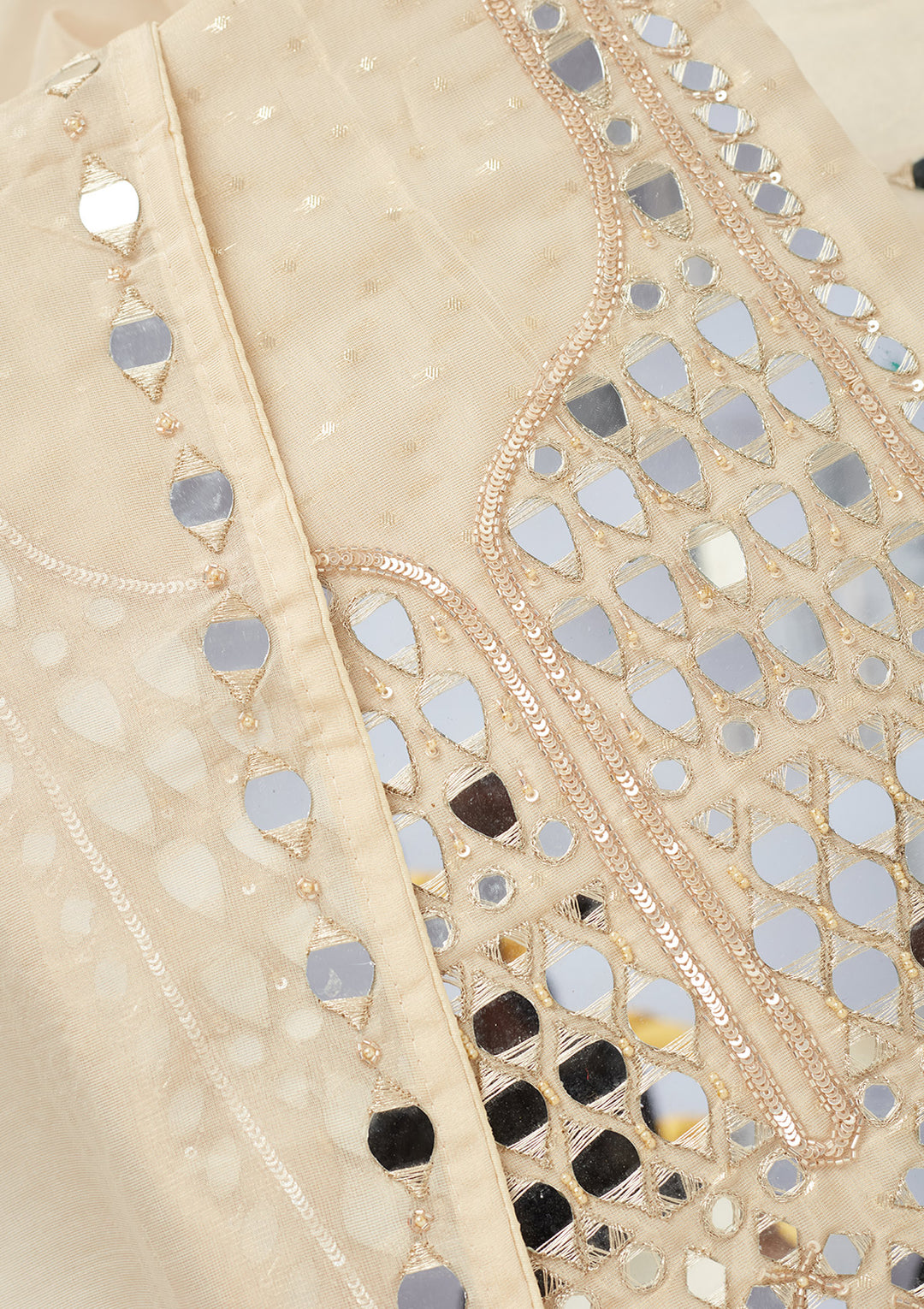 Beige Tissue Mirrorwork Unstitched Dress Material With Matching Bottom And Dupatta