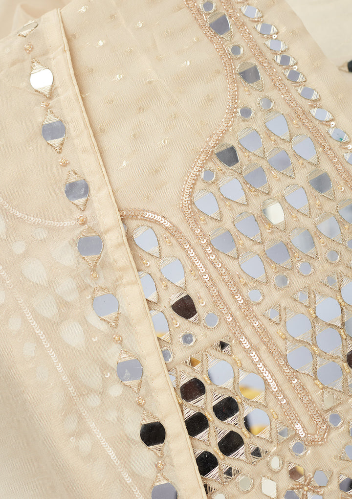 Beige Tissue Mirrorwork Unstitched Dress Material With Matching Bottom And Dupatta