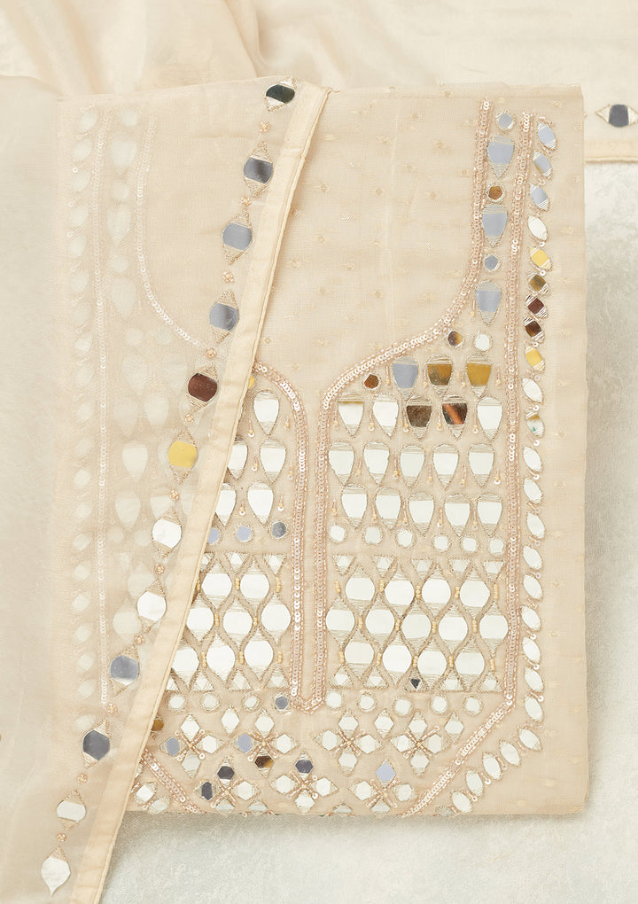 Beige Tissue Mirrorwork Unstitched Dress Material With Matching Bottom And Dupatta