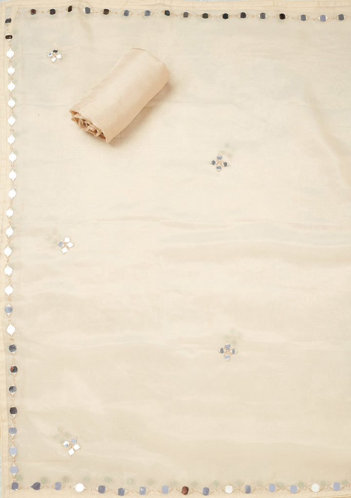 Beige Tissue Mirrorwork Unstitched Dress Material With Matching Bottom And Dupatta
