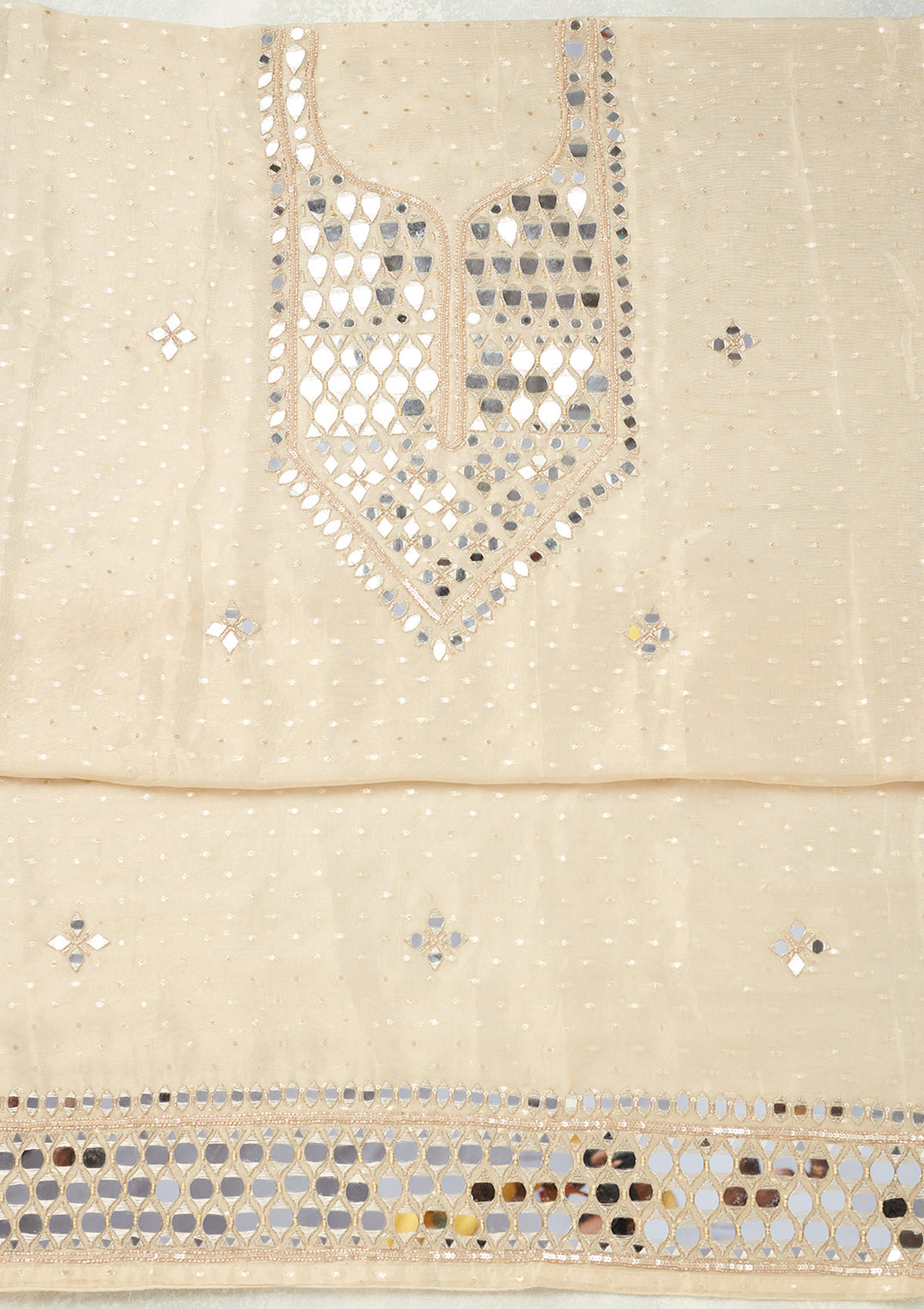 Beige Tissue Mirrorwork Unstitched Dress Material With Matching Bottom And Dupatta