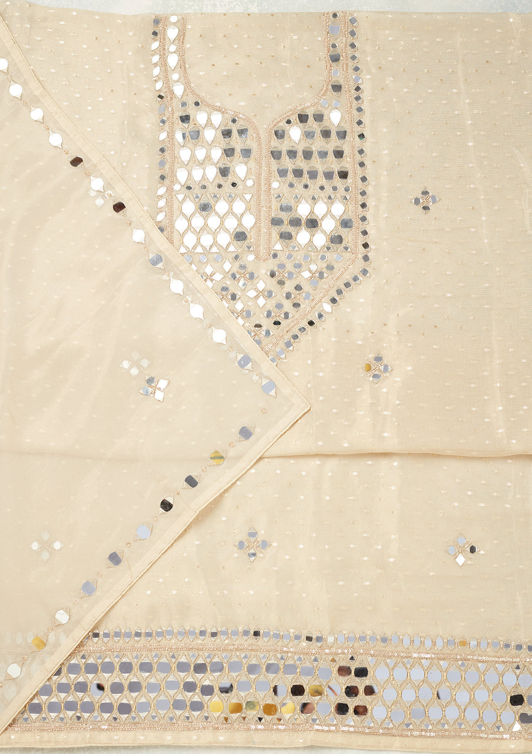 Beige Tissue Mirrorwork Unstitched Dress Material With Matching Bottom And Dupatta