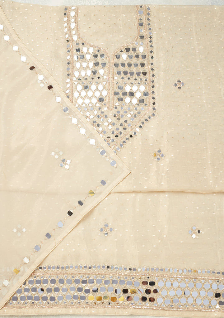 Beige Tissue Mirrorwork Unstitched Dress Material With Matching Bottom And Dupatta