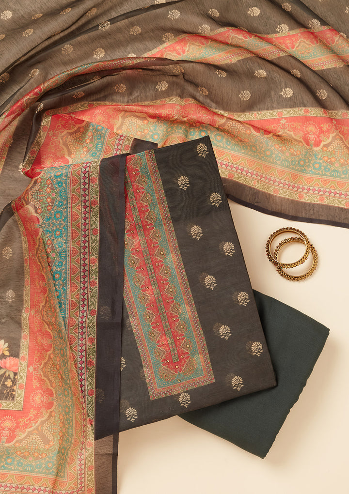 Black Chanderi Gold Zariwork Unstitched Dress Material With Matching Bottom And Dupatta