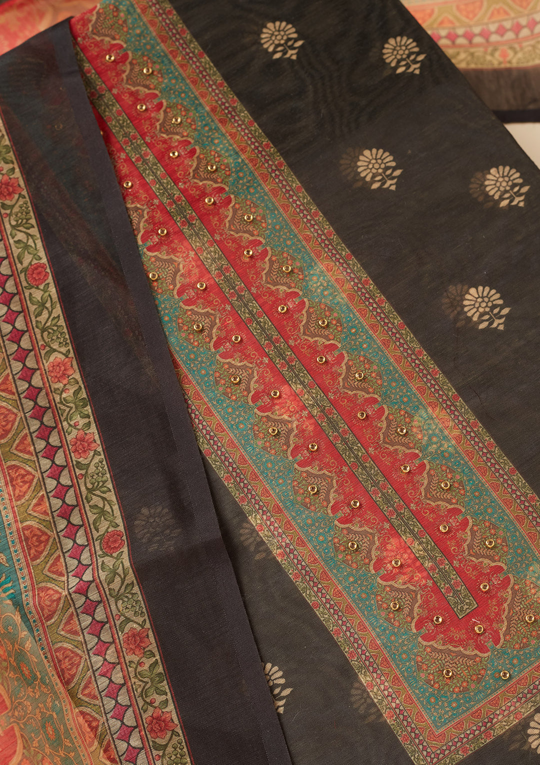 Black Chanderi Gold Zariwork Unstitched Dress Material With Matching Bottom And Dupatta