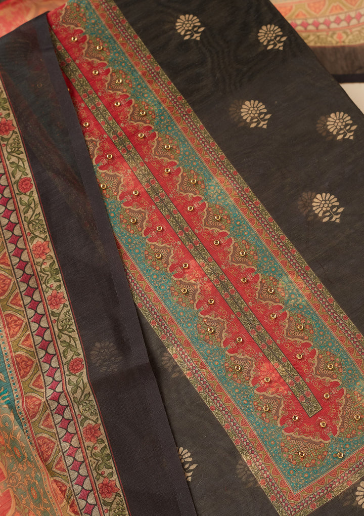 Black Chanderi Gold Zariwork Unstitched Dress Material With Matching Bottom And Dupatta