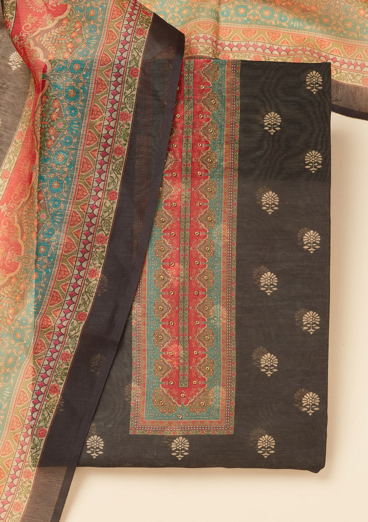 Black Chanderi Gold Zariwork Unstitched Dress Material With Matching Bottom And Dupatta