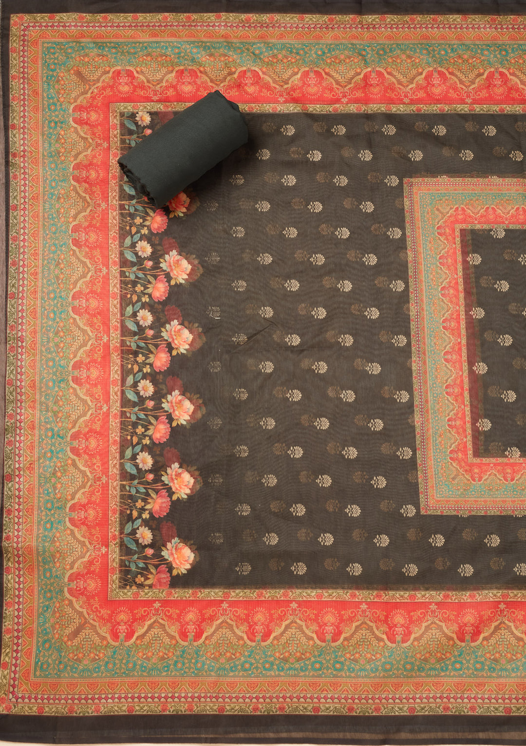 Black Chanderi Gold Zariwork Unstitched Dress Material With Matching Bottom And Dupatta