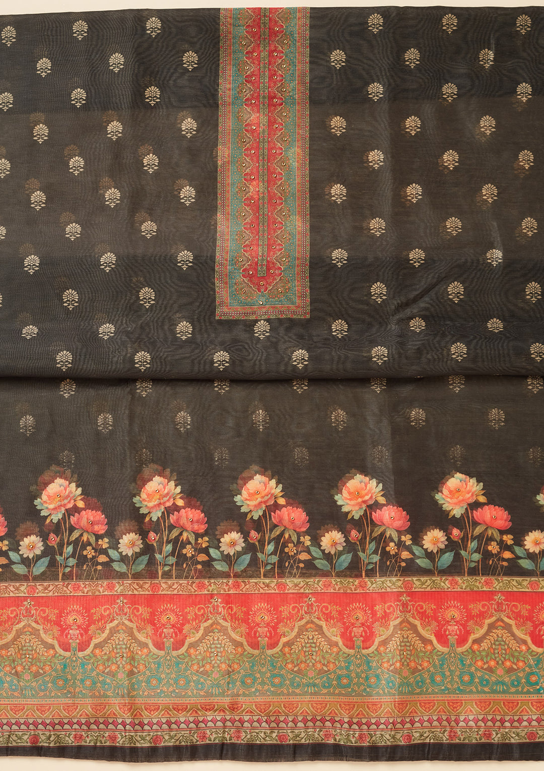 Black Chanderi Gold Zariwork Unstitched Dress Material With Matching Bottom And Dupatta
