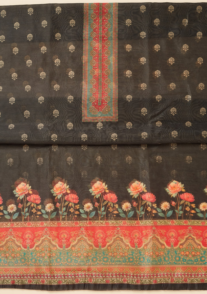Black Chanderi Gold Zariwork Unstitched Dress Material With Matching Bottom And Dupatta