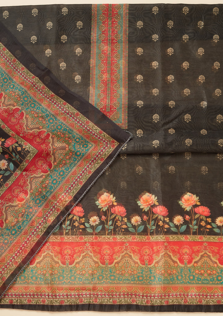 Black Chanderi Gold Zariwork Unstitched Dress Material With Matching Bottom And Dupatta
