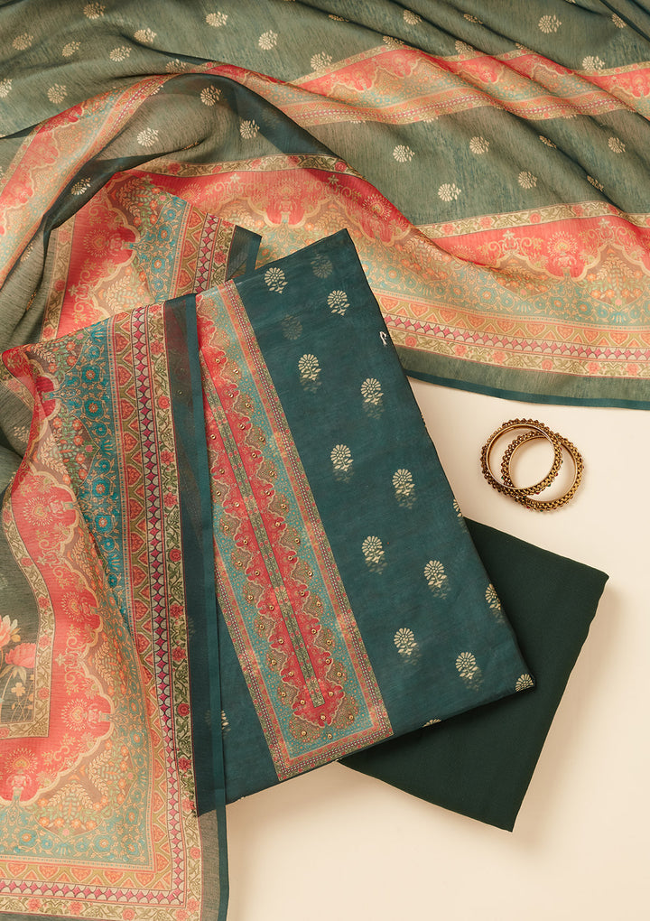 Bottle Green Chanderi Gold Zariwork Unstitched Dress Material With Matching Bottom And Dupatta