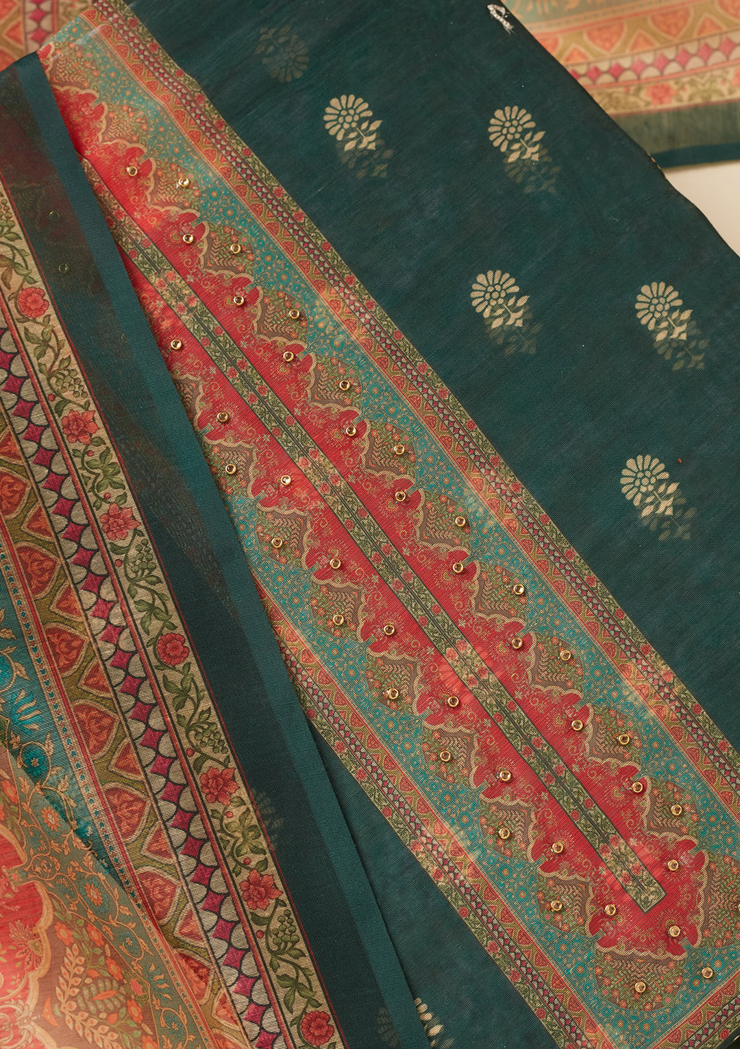 Bottle Green Chanderi Gold Zariwork Unstitched Dress Material With Matching Bottom And Dupatta