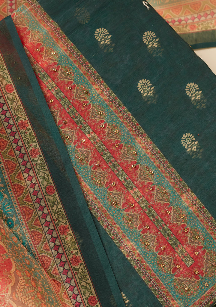 Bottle Green Chanderi Gold Zariwork Unstitched Dress Material With Matching Bottom And Dupatta