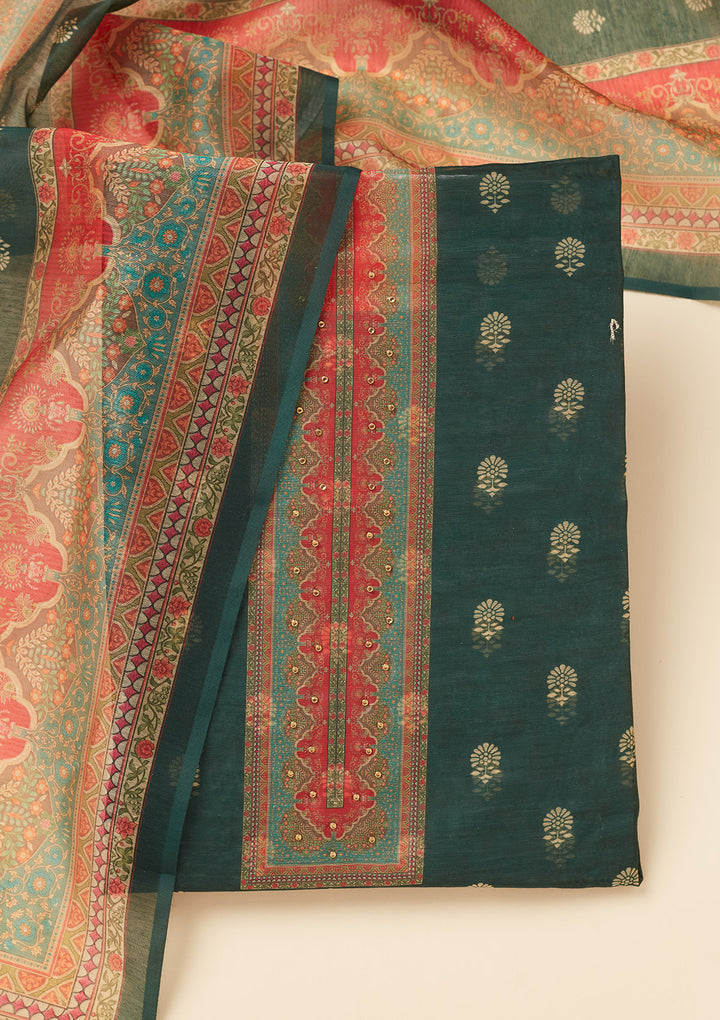 Bottle Green Chanderi Gold Zariwork Unstitched Dress Material With Matching Bottom And Dupatta