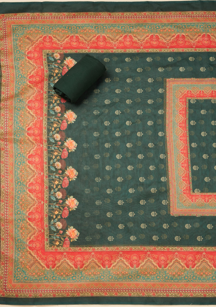 Bottle Green Chanderi Gold Zariwork Unstitched Dress Material With Matching Bottom And Dupatta