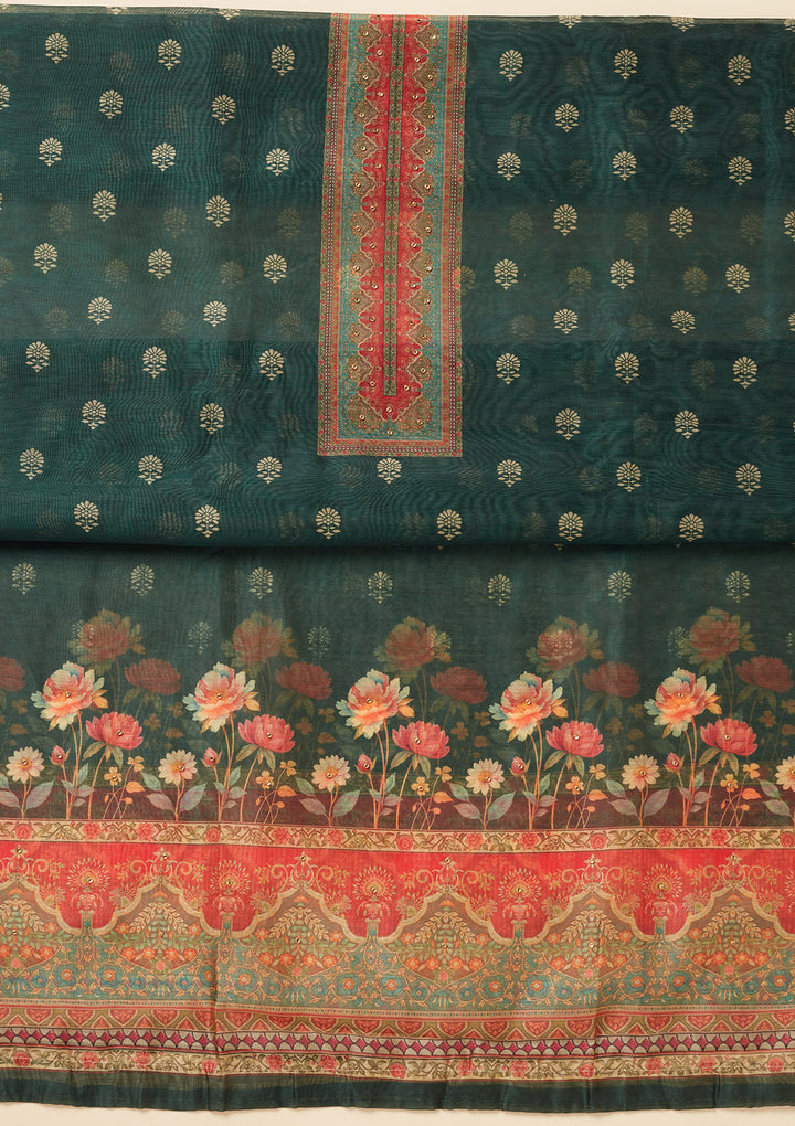 Bottle Green Chanderi Gold Zariwork Unstitched Dress Material With Matching Bottom And Dupatta