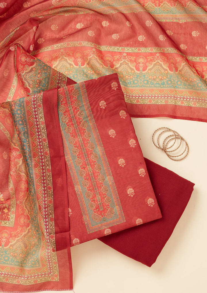 Red Chanderi Gold Zariwork Unstitched Dress Material With Matching Bottom And Dupatta