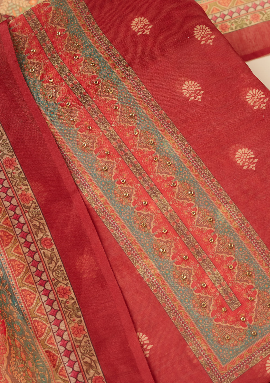Red Chanderi Gold Zariwork Unstitched Dress Material With Matching Bottom And Dupatta