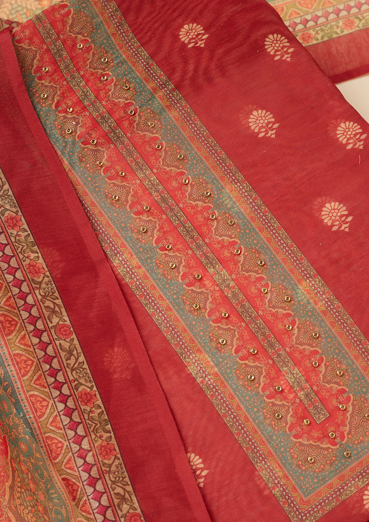 Red Chanderi Gold Zariwork Unstitched Dress Material With Matching Bottom And Dupatta