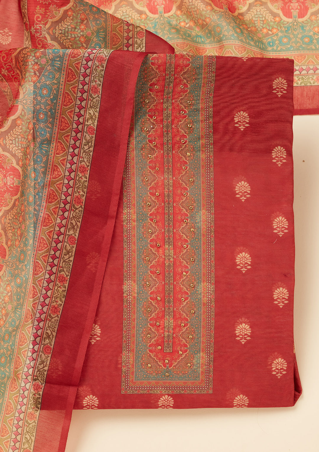 Red Chanderi Gold Zariwork Unstitched Dress Material With Matching Bottom And Dupatta