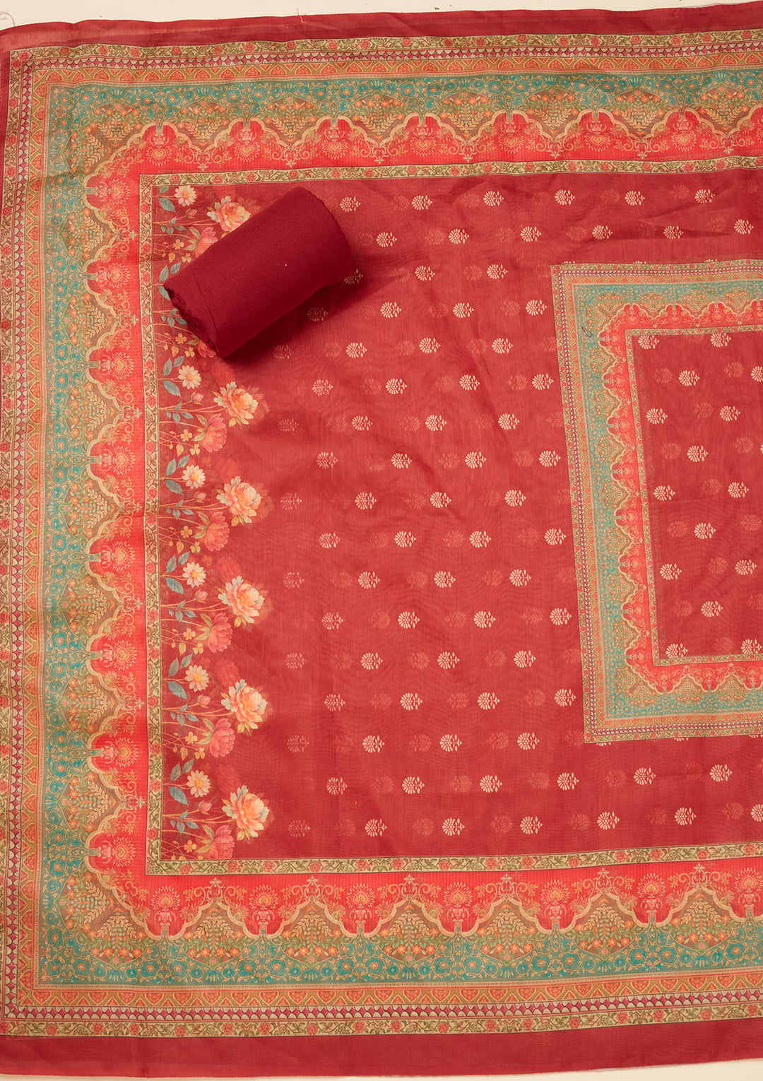 Red Chanderi Gold Zariwork Unstitched Dress Material With Matching Bottom And Dupatta