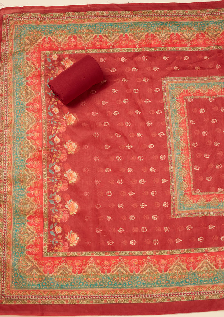 Red Chanderi Gold Zariwork Unstitched Dress Material With Matching Bottom And Dupatta