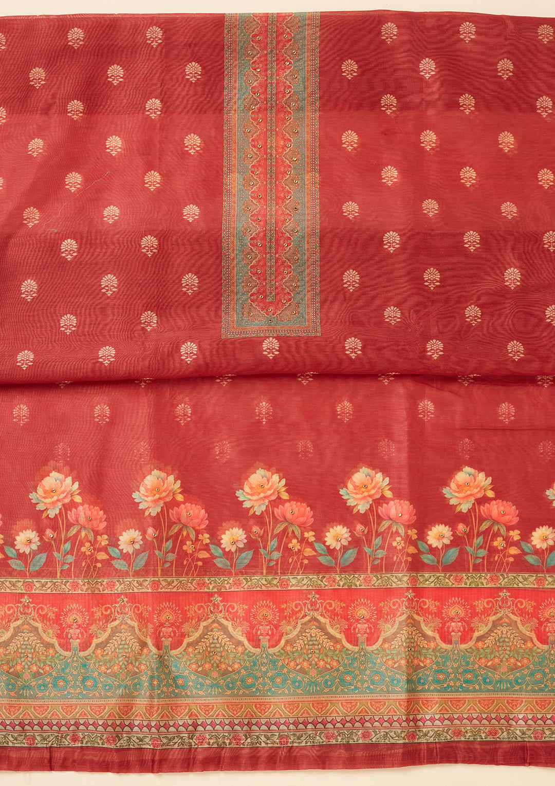 Red Chanderi Gold Zariwork Unstitched Dress Material With Matching Bottom And Dupatta