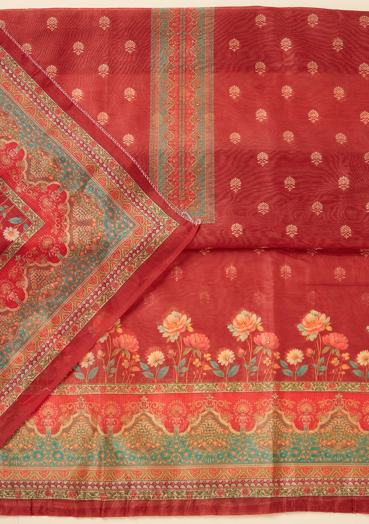Red Chanderi Gold Zariwork Unstitched Dress Material With Matching Bottom And Dupatta