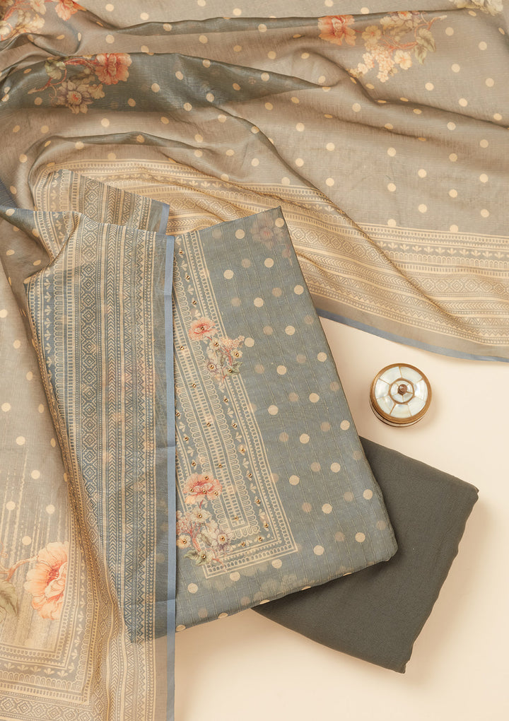 Light Grey Chanderi Gold Zariwork Unstitched Dress Material With Matching Bottom And Dupatta
