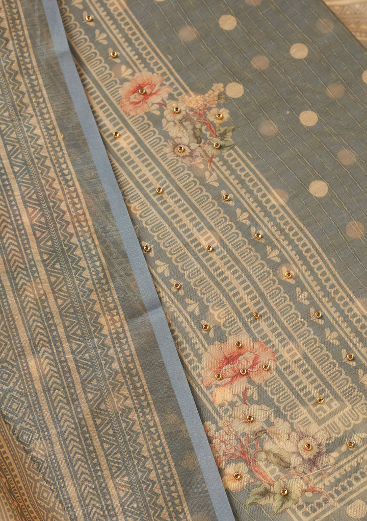 Light Grey Chanderi Gold Zariwork Unstitched Dress Material With Matching Bottom And Dupatta